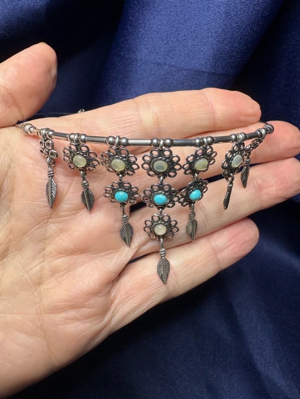 Necklace Artisan 925 Sterling Silver Floral Feather Turquoise Gemstone Choker - Picture 5 of 10